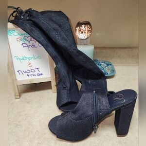 Women's Denim Thigh High Heels Open-Toe Stretchy Zip-up Boots, SZ: 5.5 ~ NWOT